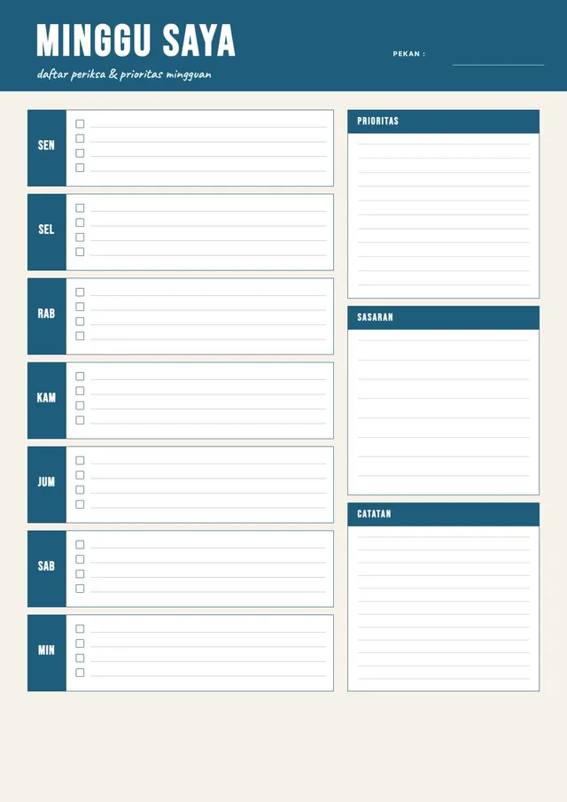 Kalender Mingguan Biru Dongker