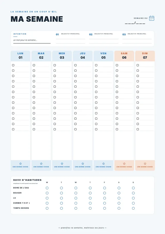 Liste de tâches hebdomadaire bleu marine