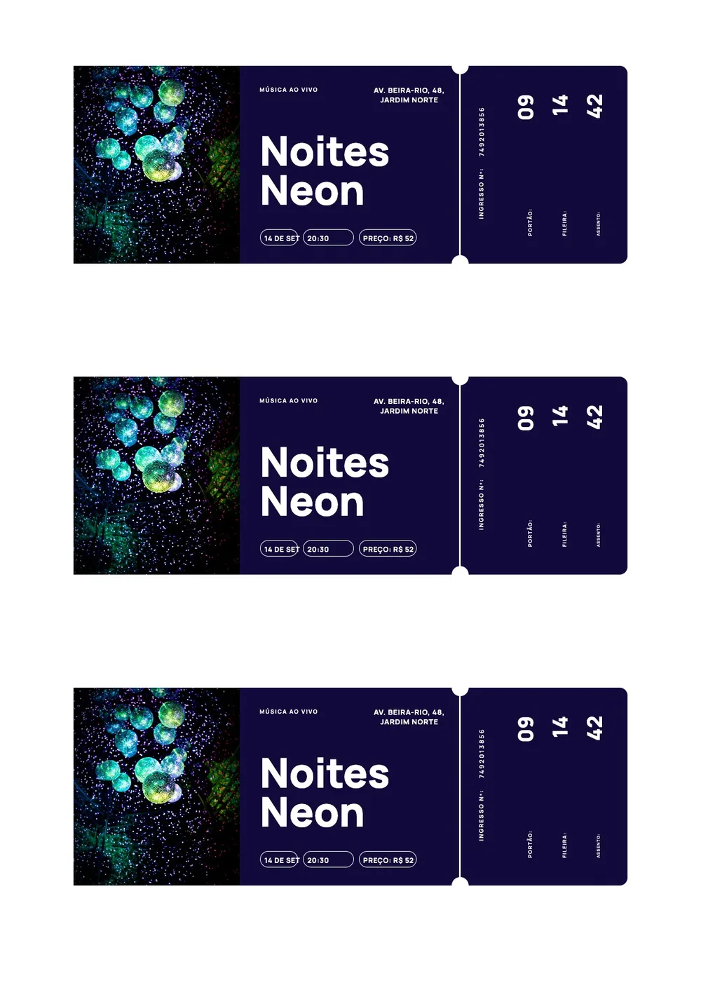 Modelo de ingresso neon para show