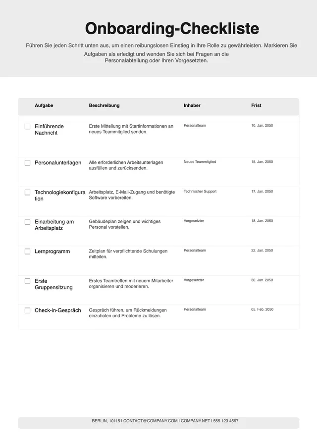 Vorlage für Einarbeitungscheckliste