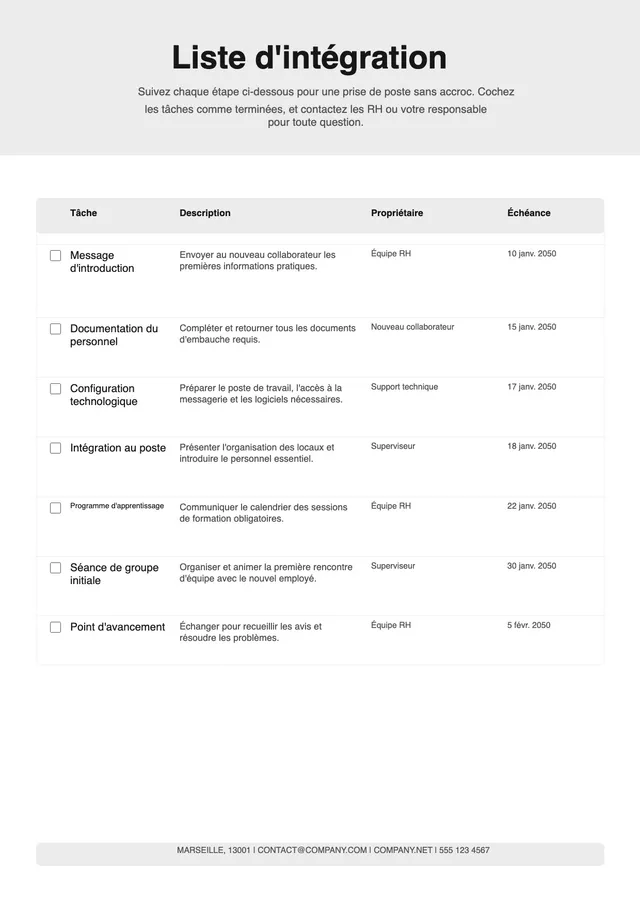 Modèle de check-list de nouvelle embauche