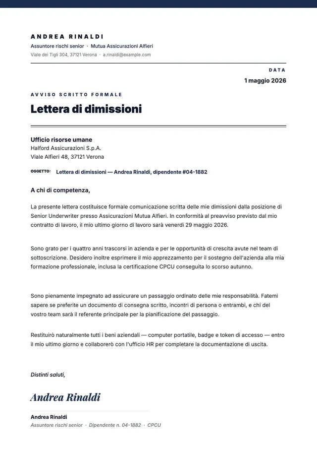 Lettera di preavviso di dimissioni