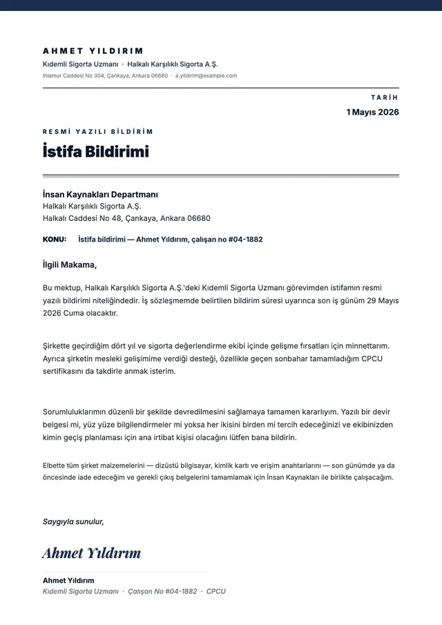 İstifa bildirim dilekçesi