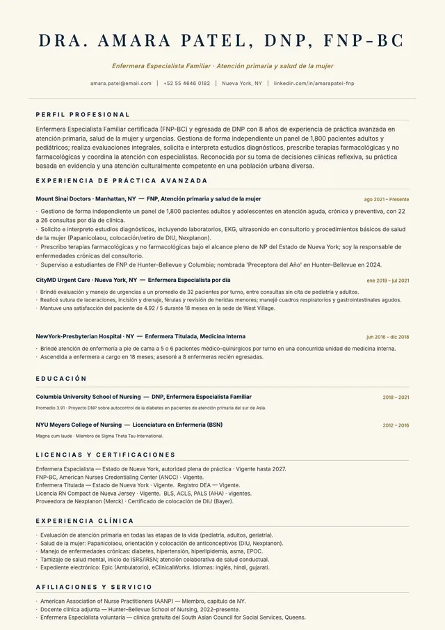 Currículum de profesional de enfermería de práctica avanzada