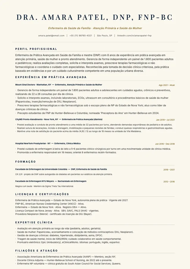 Modelo de currículo para enfermeiro de prática avançada