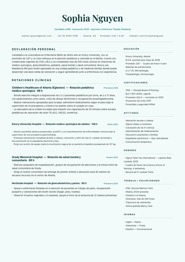 Currículum para estudiantes de enfermería