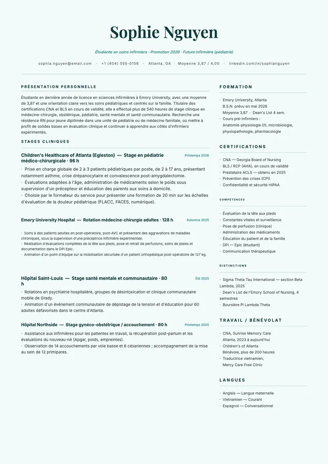 CV d'étudiant en soins infirmiers