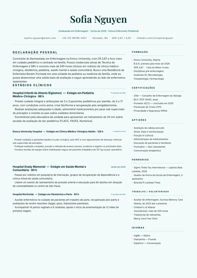 Modelo de currículo para estudante de enfermagem