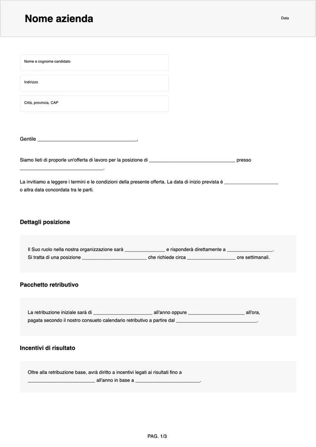 Modello di lettera di assunzione