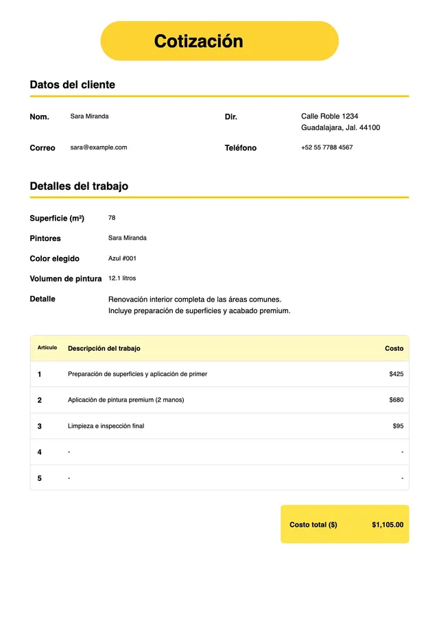 Plantilla de cotización de trabajos de pintura