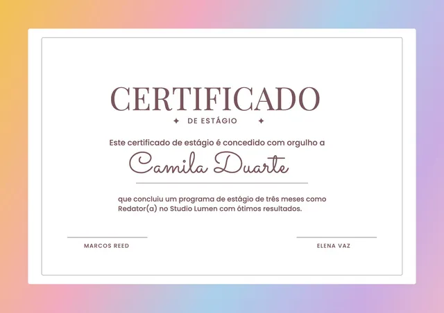 Modelo de certificado de estágio em tons pastel