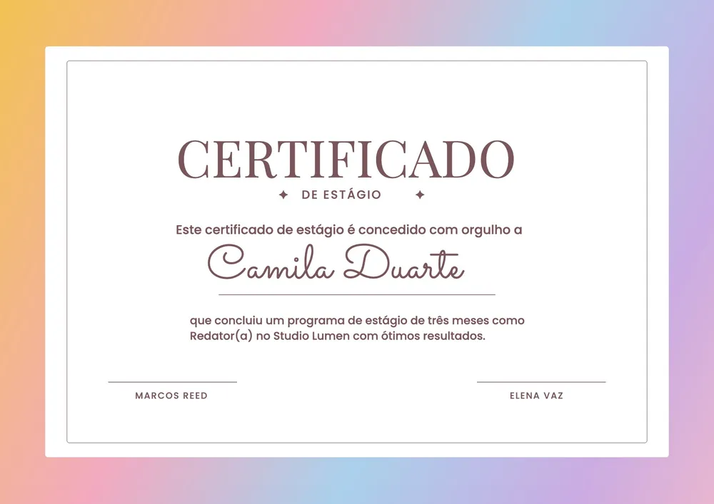 Modelo de certificado de estágio em tons pastel