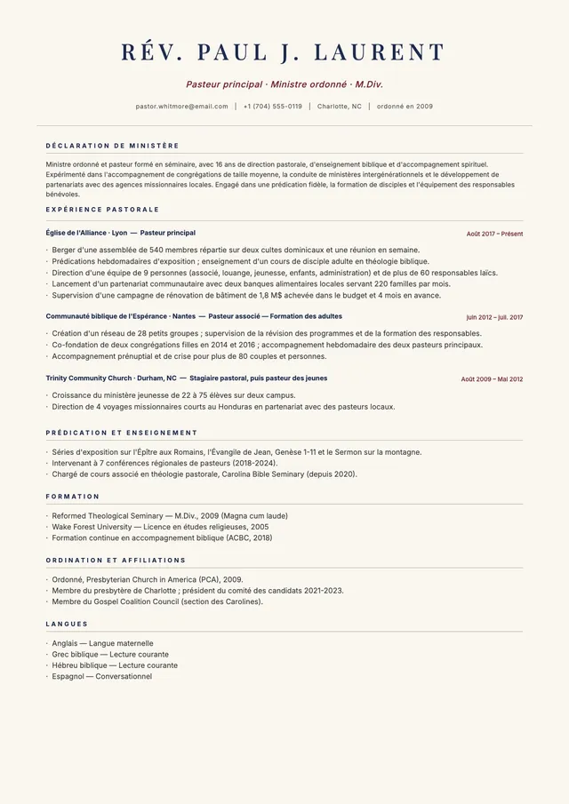 Modèle de CV de pasteur