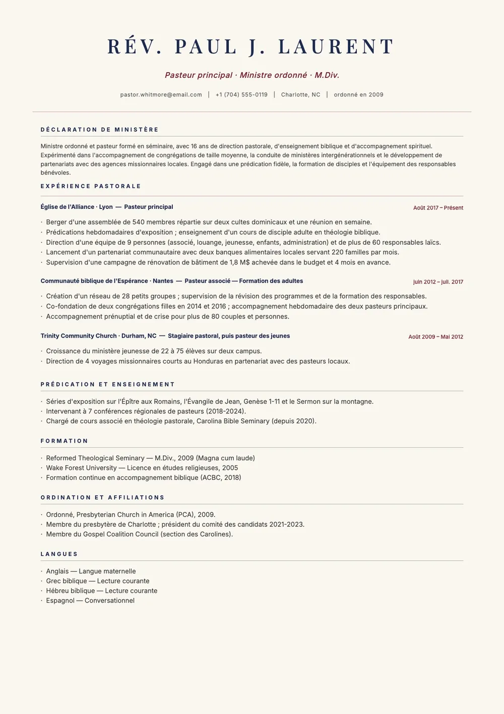 Modèle de CV de pasteur