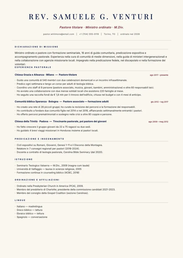 Modello di curriculum per pastori