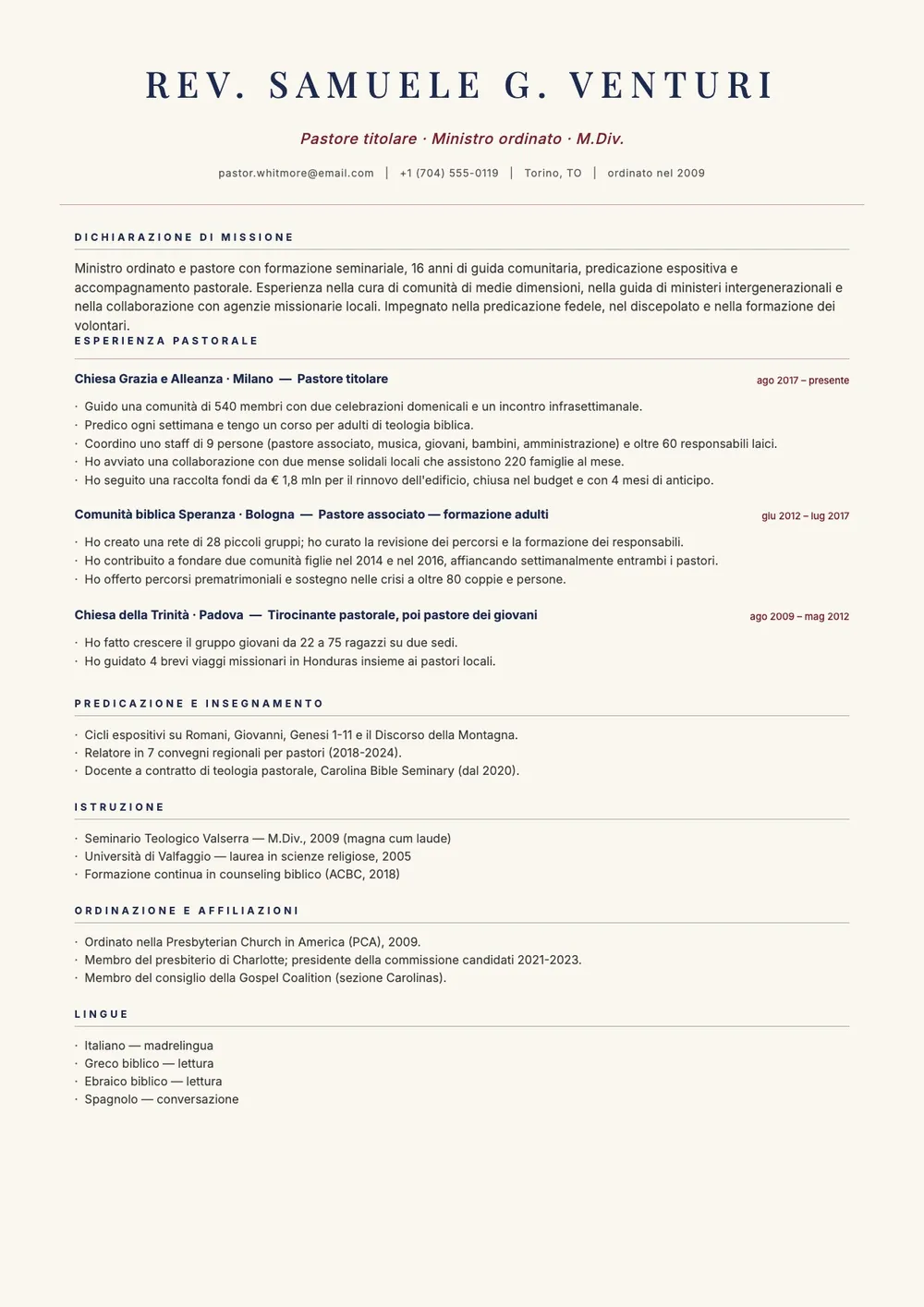 Modello di curriculum per pastori