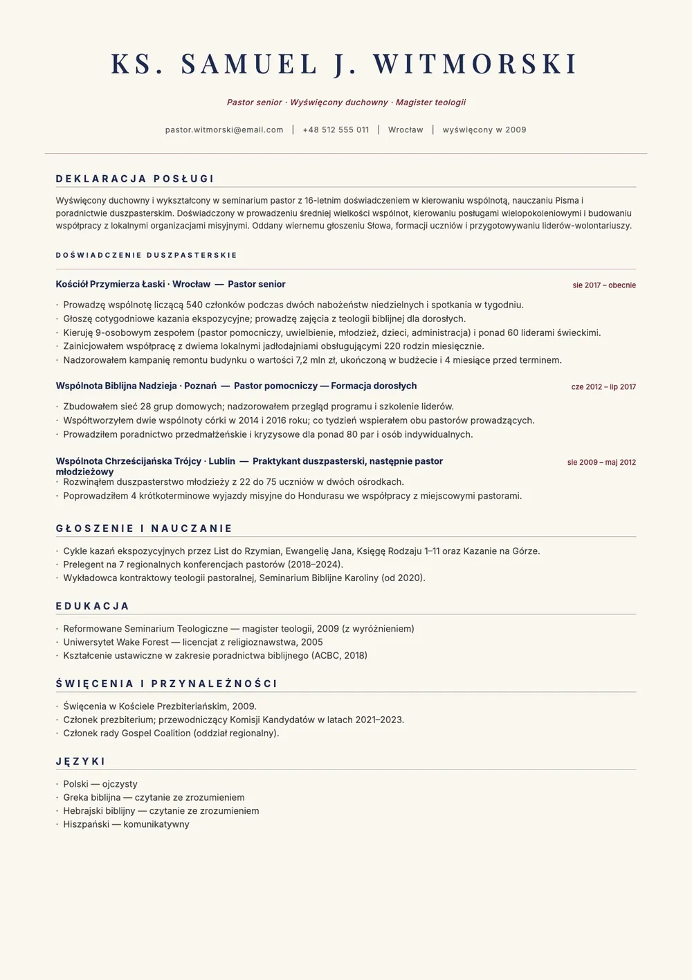Szablon CV duszpasterza
