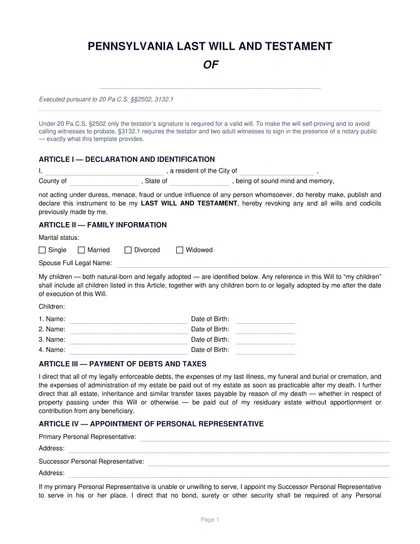 pennsylvania last will and testament form