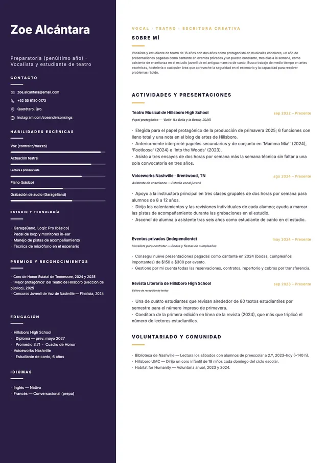 Currículum de estudiante de artes escénicas