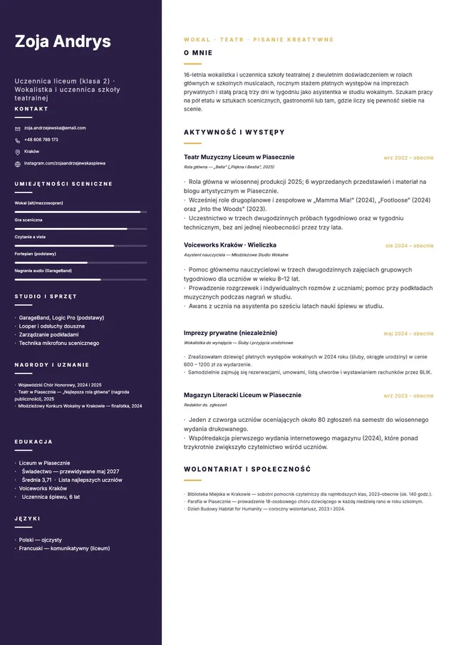 Wzór CV dla ucznia szkoły artystycznej