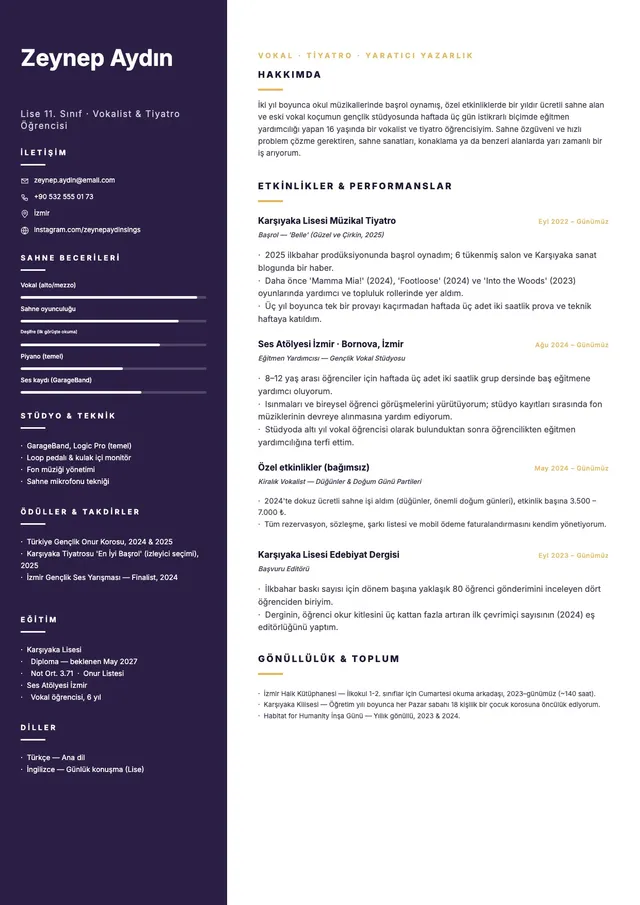 Sahne sanatları öğrencisi CV'si