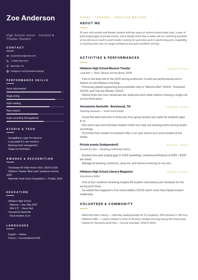 performing-arts-student-resume form