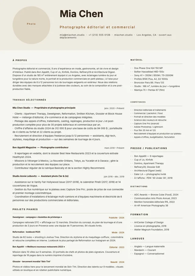 Modèle de CV de photographe