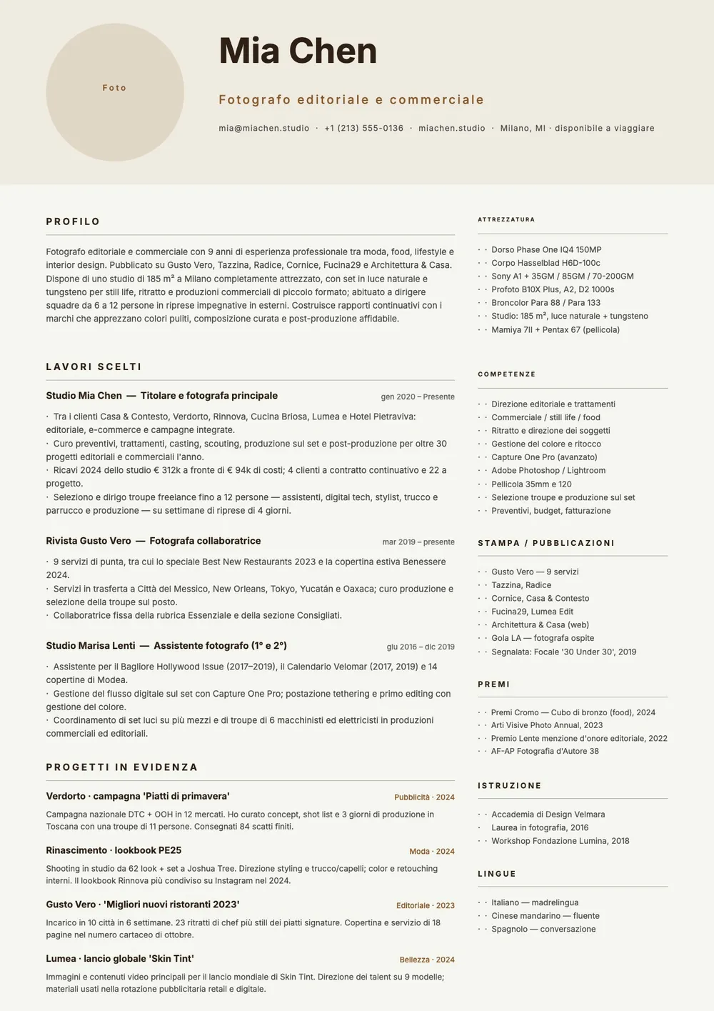 Modello di curriculum per fotografi