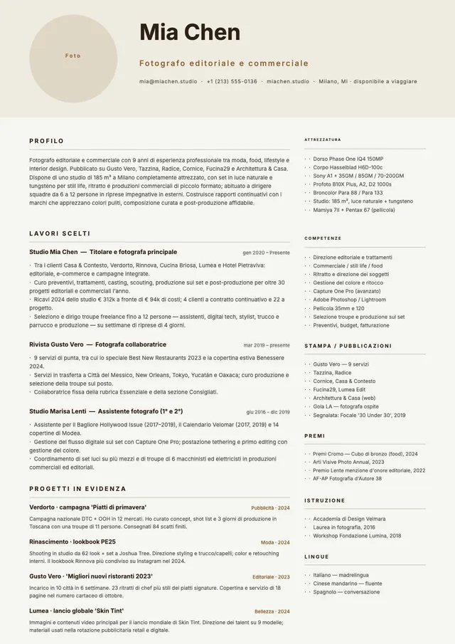 Modello di curriculum per fotografi