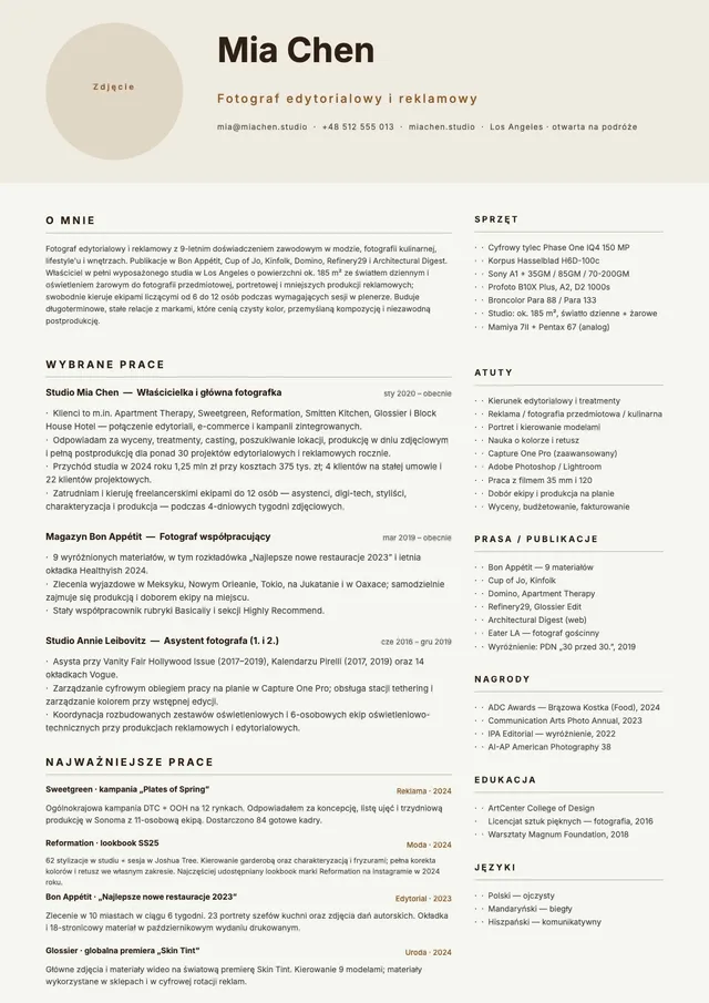 Szablon CV fotografa