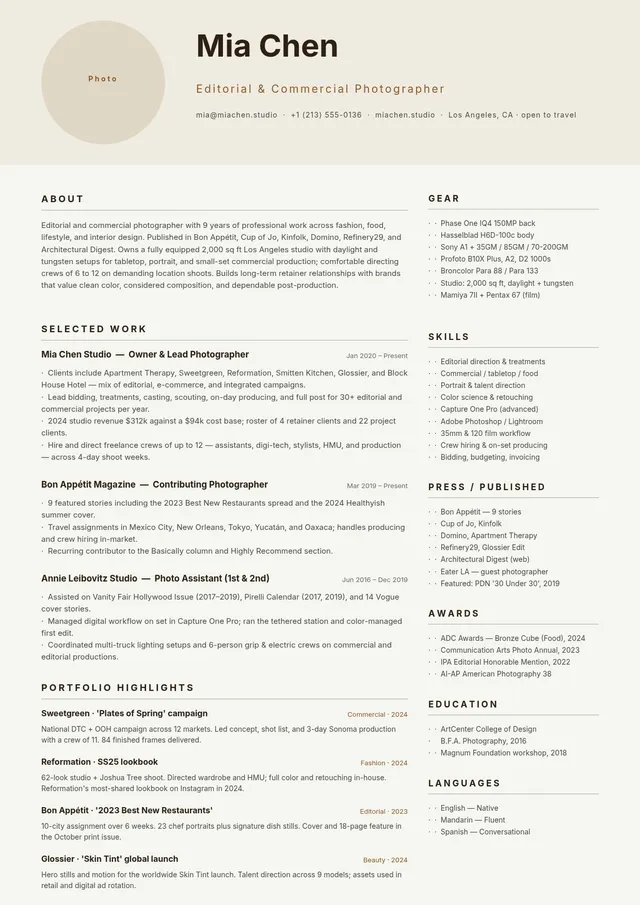 photographer-resume form