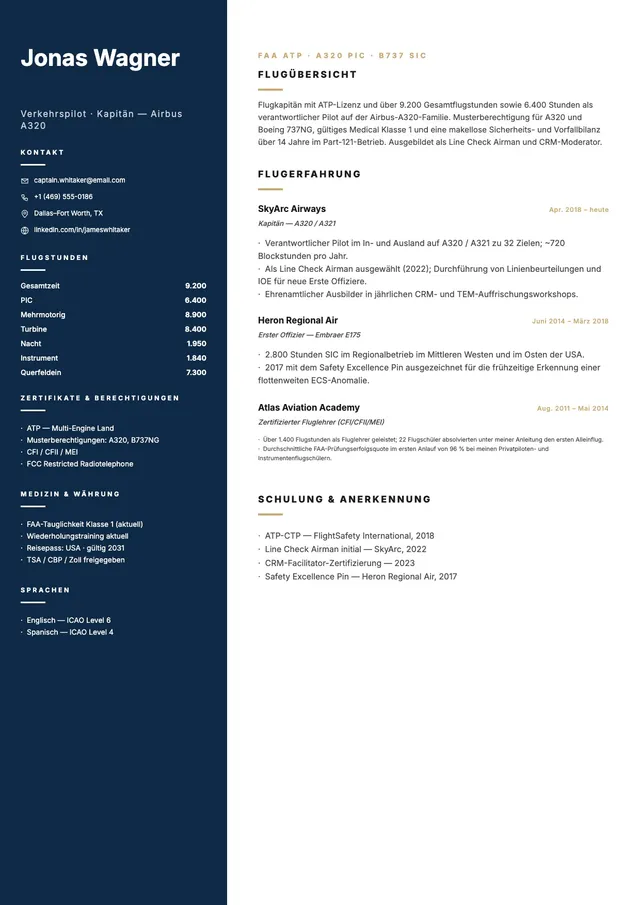 Lebenslauf-Vorlage für Piloten
