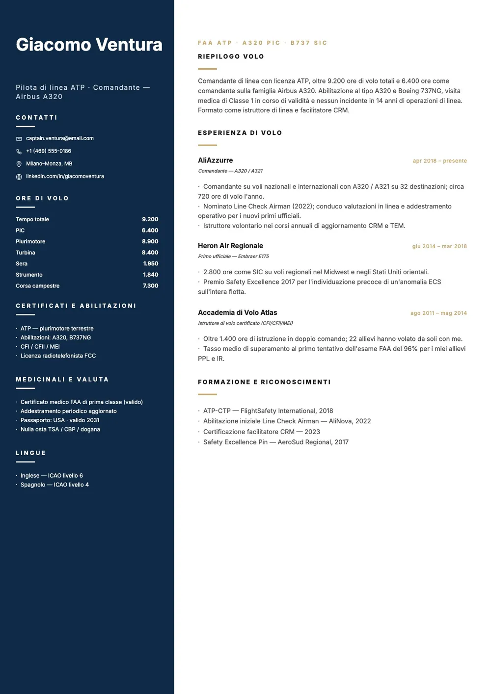 Modello di curriculum per piloti