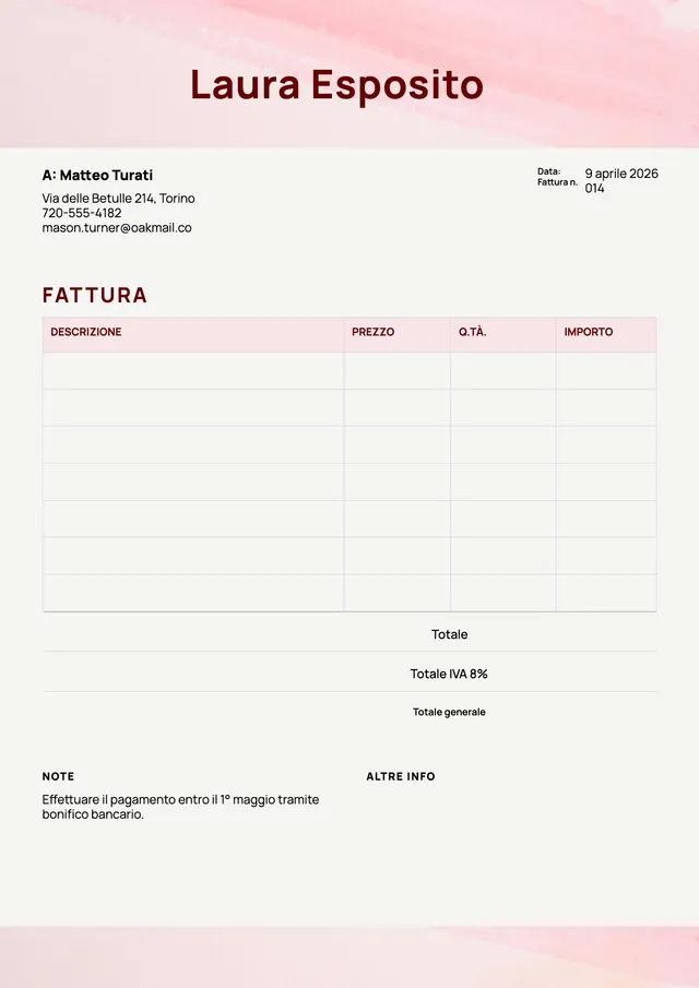 Fattura catering acquerello rosa