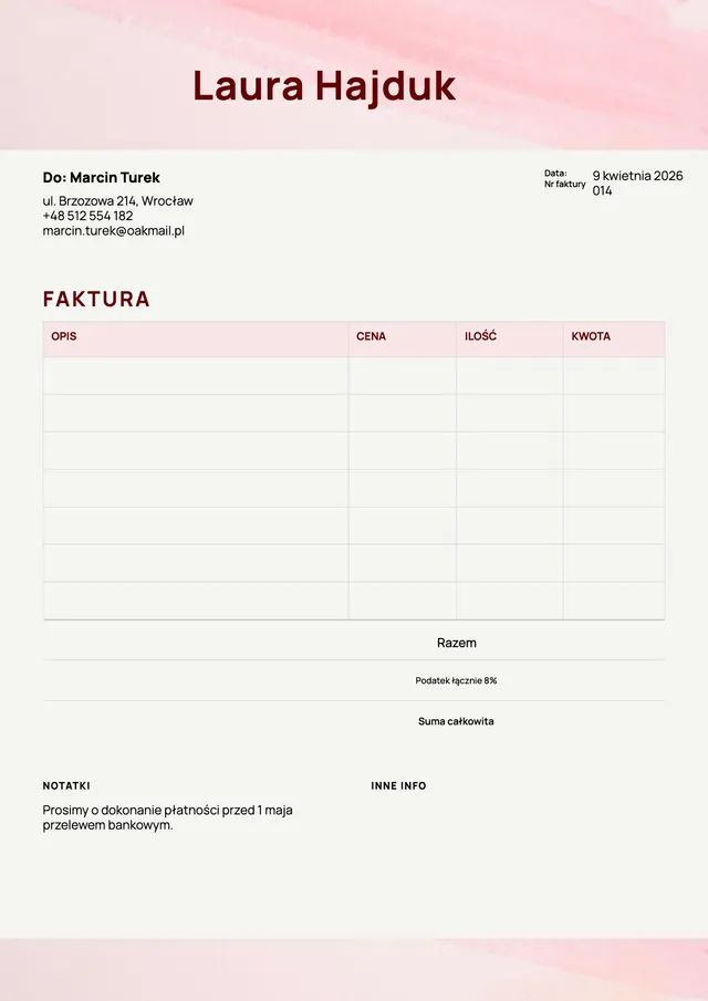 Różowa akwarelowa faktura cateringowa