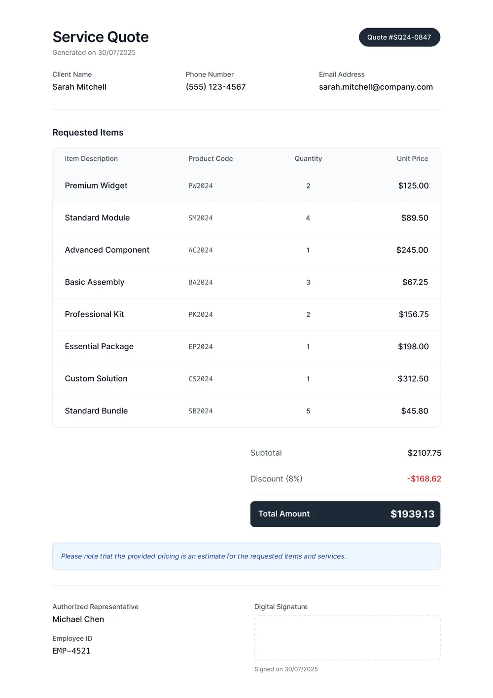 product-quote form