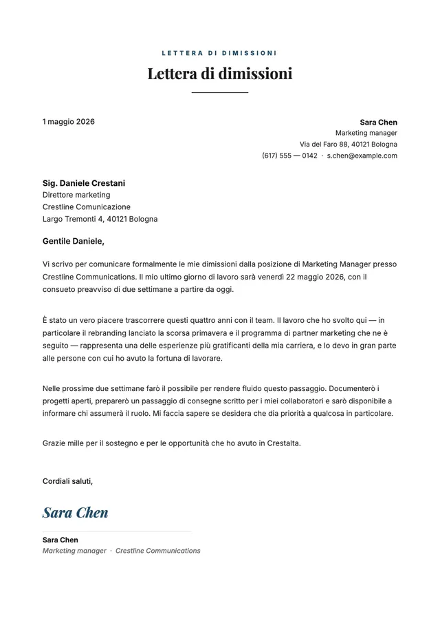 Lettera di dimissioni professionale