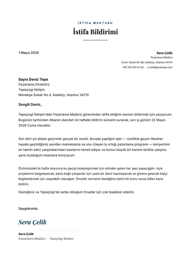 Profesyonel istifa dilekçesi