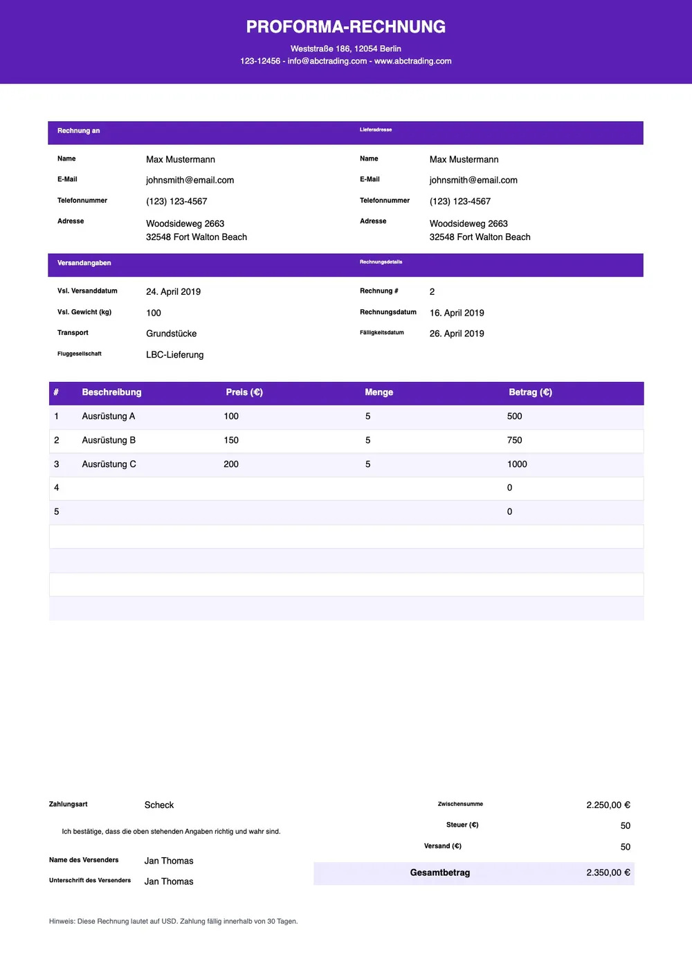 Vorlage für Proforma-Rechnung