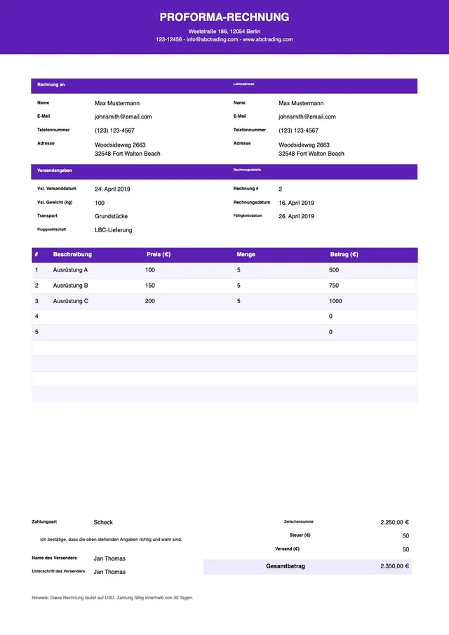 Vorlage für Proforma-Rechnung