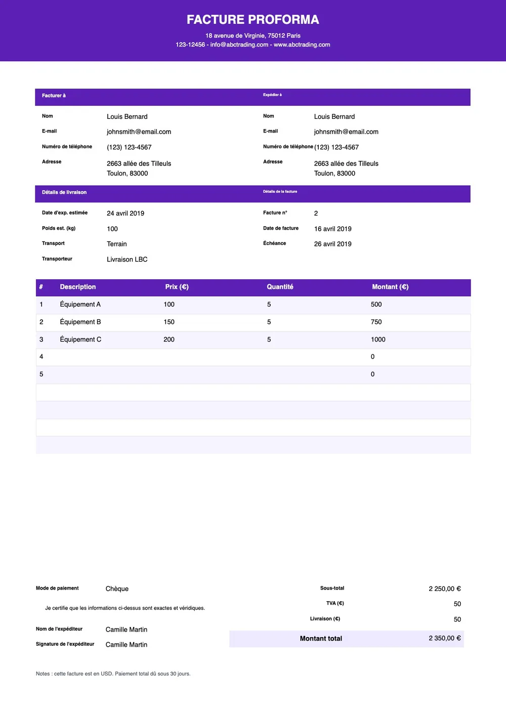 Modèle de facture proforma
