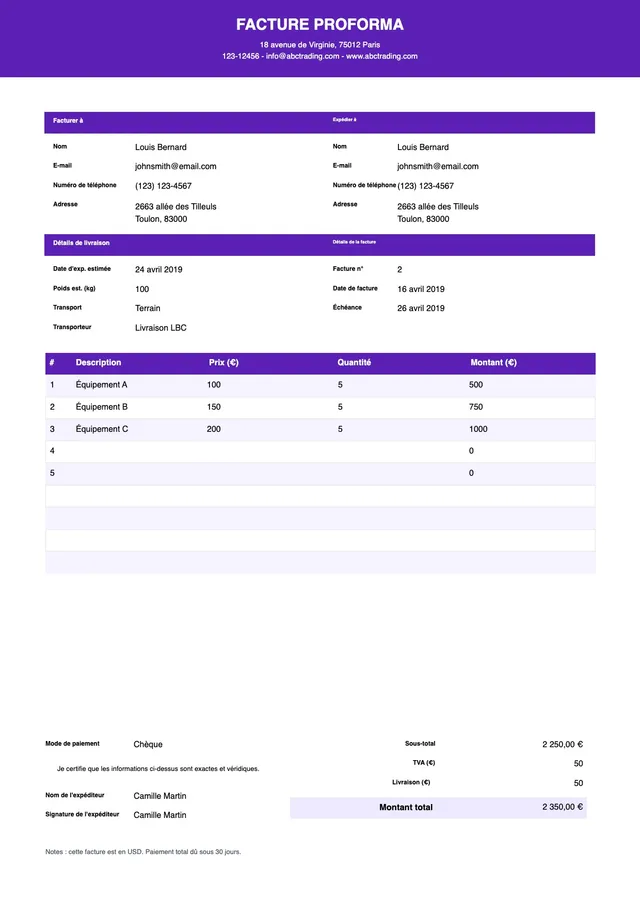 Modèle de facture proforma