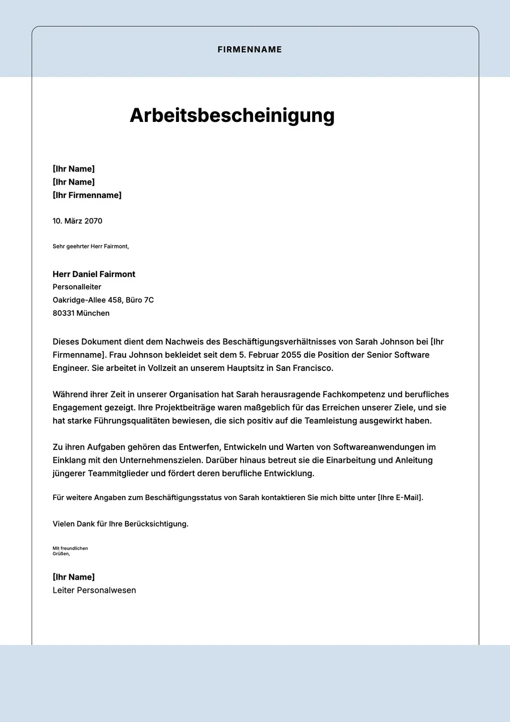 Vorlage für Beschäftigungsnachweis