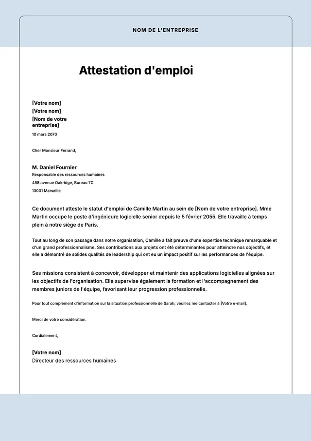 Modèle d'attestation de travail