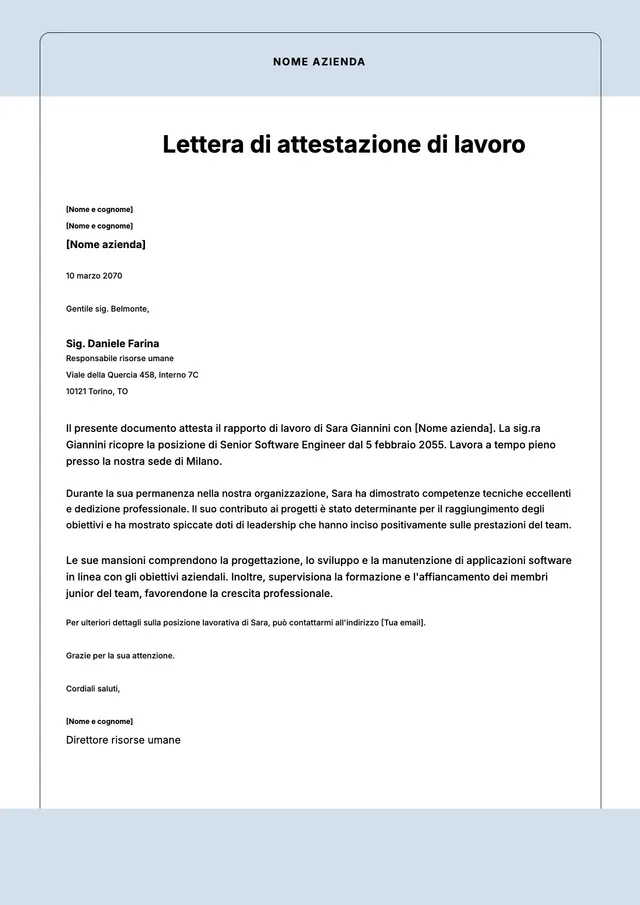 Modello di attestazione di lavoro