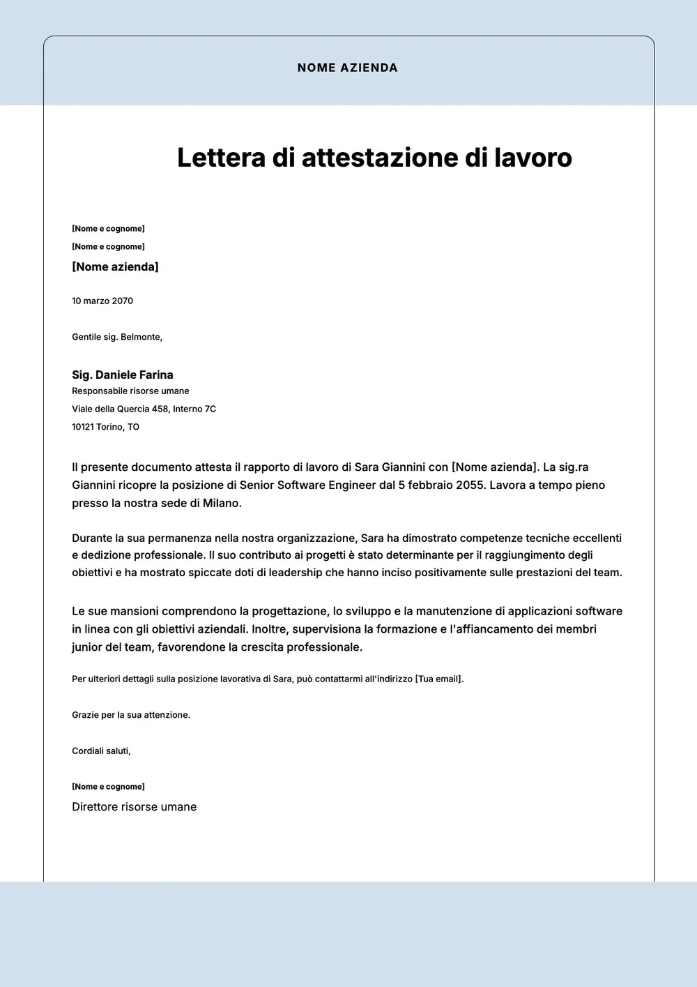 Modello di attestazione di lavoro
