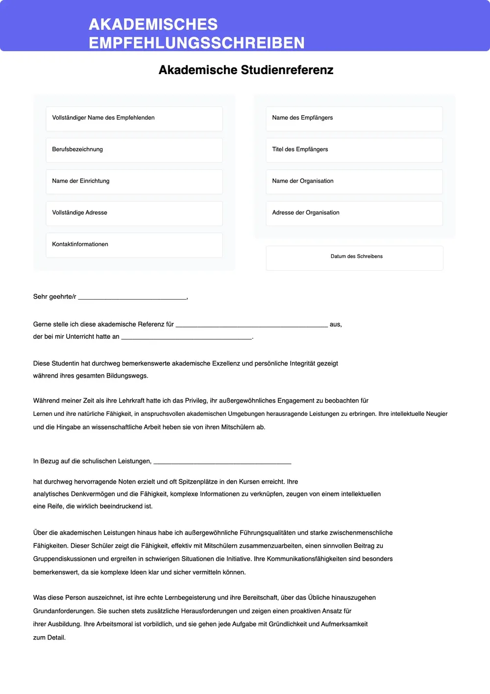 Vorlage für Empfehlungsschreiben