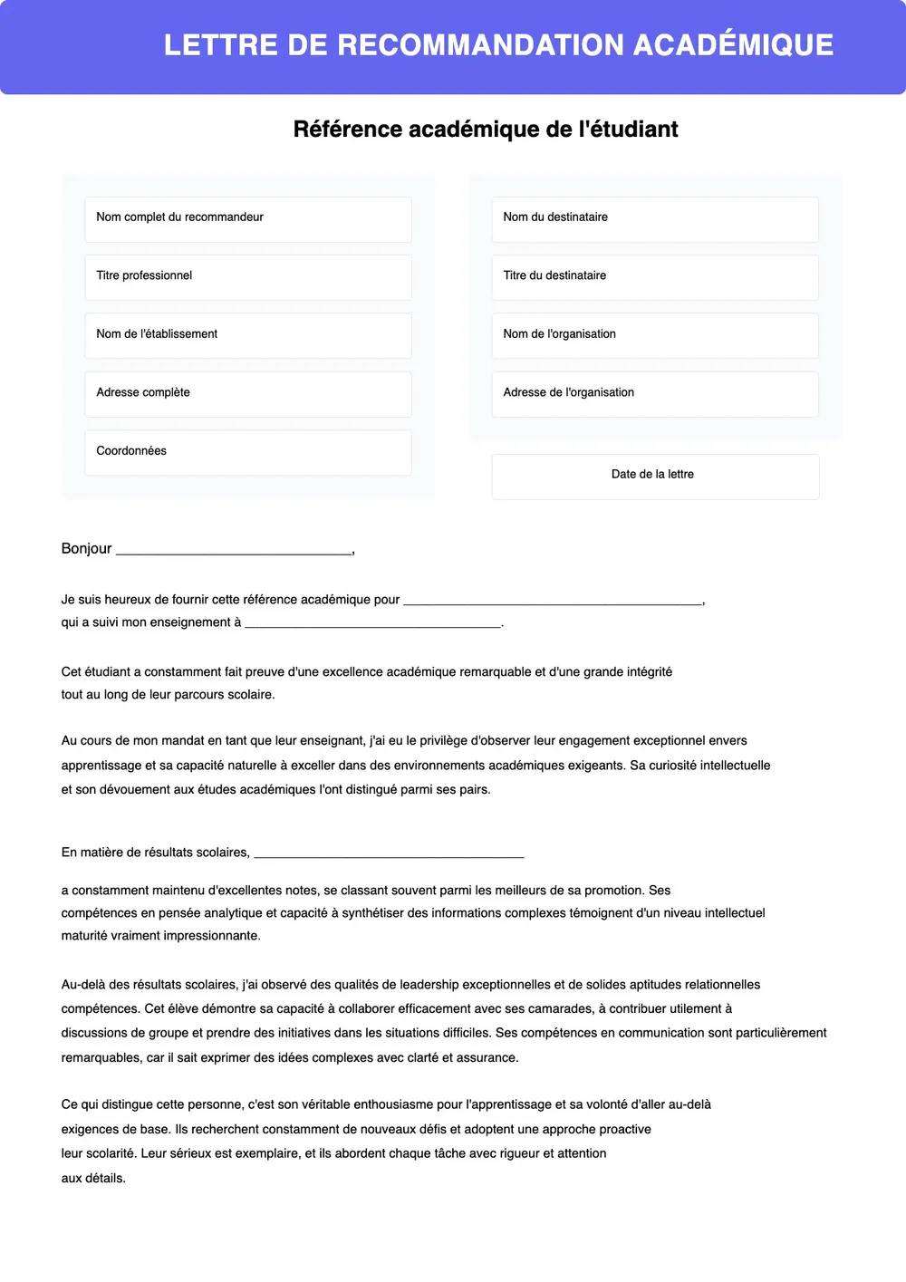 Modèle de lettre de recommandation