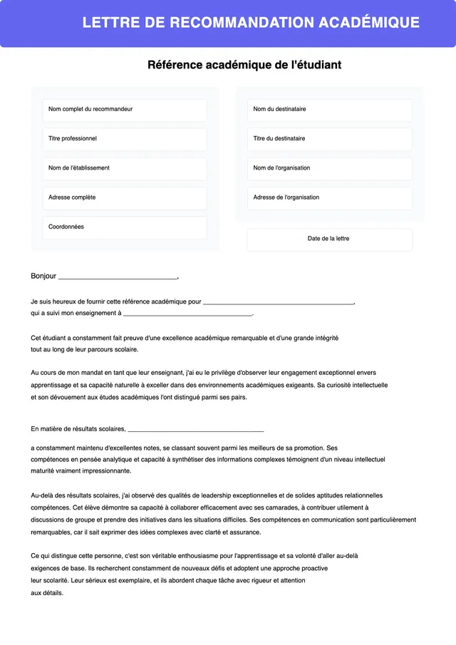 Modèle de lettre de recommandation
