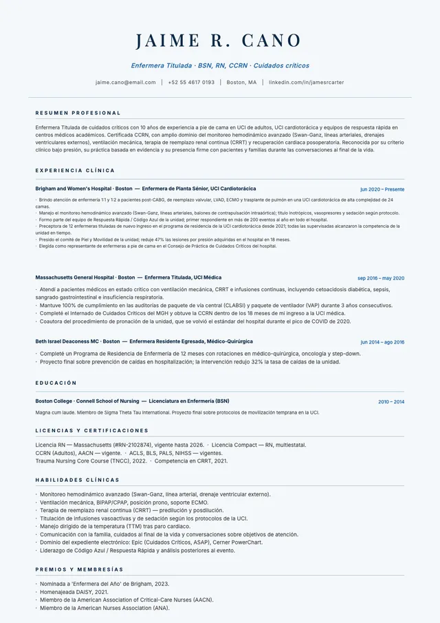 Currículum de profesional de enfermería titulado